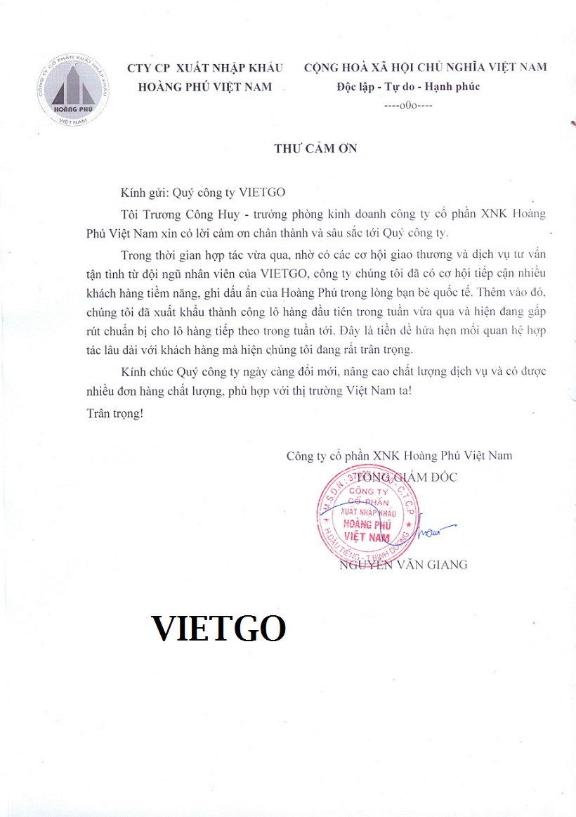 Thư cảm ơn VIETGO vừa nhận được từ công ty cổ phần XNK Hoàng Phú Việt Nam
