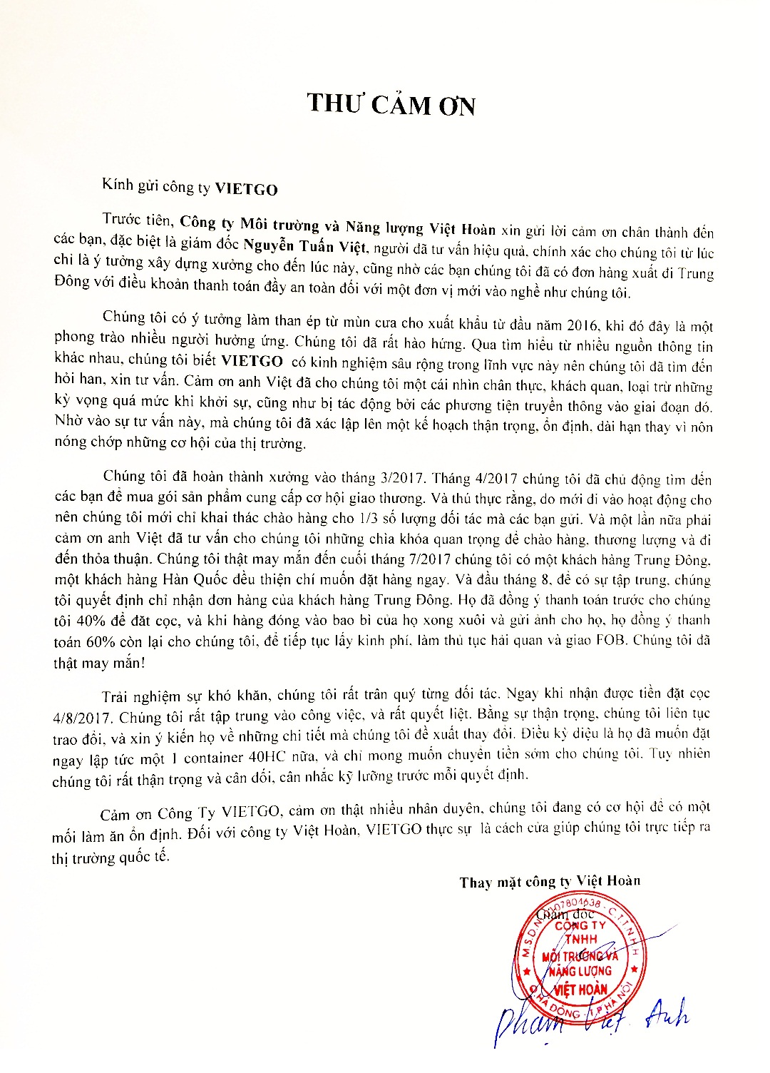 Thư cảm ơn từ Công ty Than Việt Hoàn gửi tới VIETGO