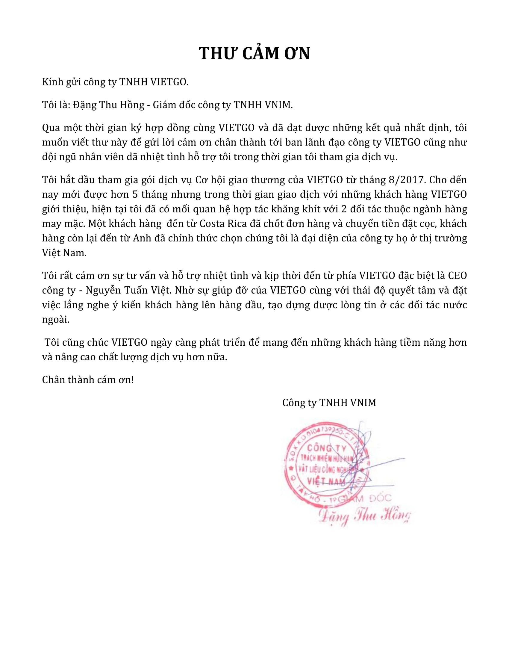 Thư cám ơn từ giám đốc công ty TNHH vật liệu công nghiệp Việt Nam (Vnim) gửi tới VIETGO