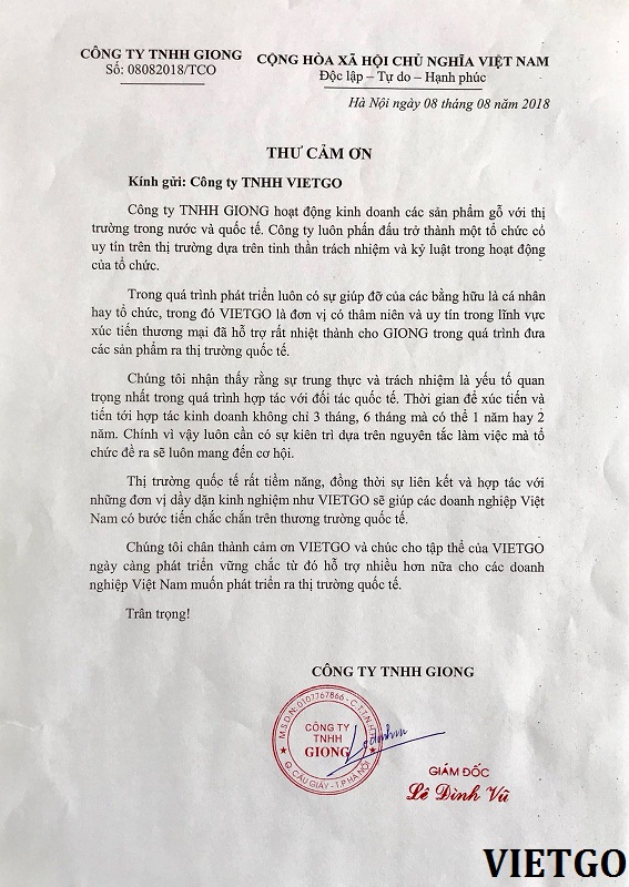 Thư cảm ơn từ anh Lê Đình Vũ- giám đốc công ty TNHH GIONG gửi tới VIETGO