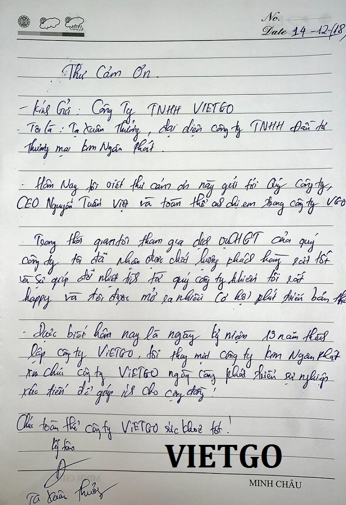 Thư cảm ơn đến từ Công ty TNHH Đầu Tư Thương Mại Kim Ngân Phát