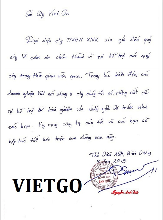 Thư cảm ơn đến từ CẦU THỦ BÓNG ĐÁ NGUYỄN ANH ĐỨC- đối tác tiềm năng của Công ty TNHH VIETGO